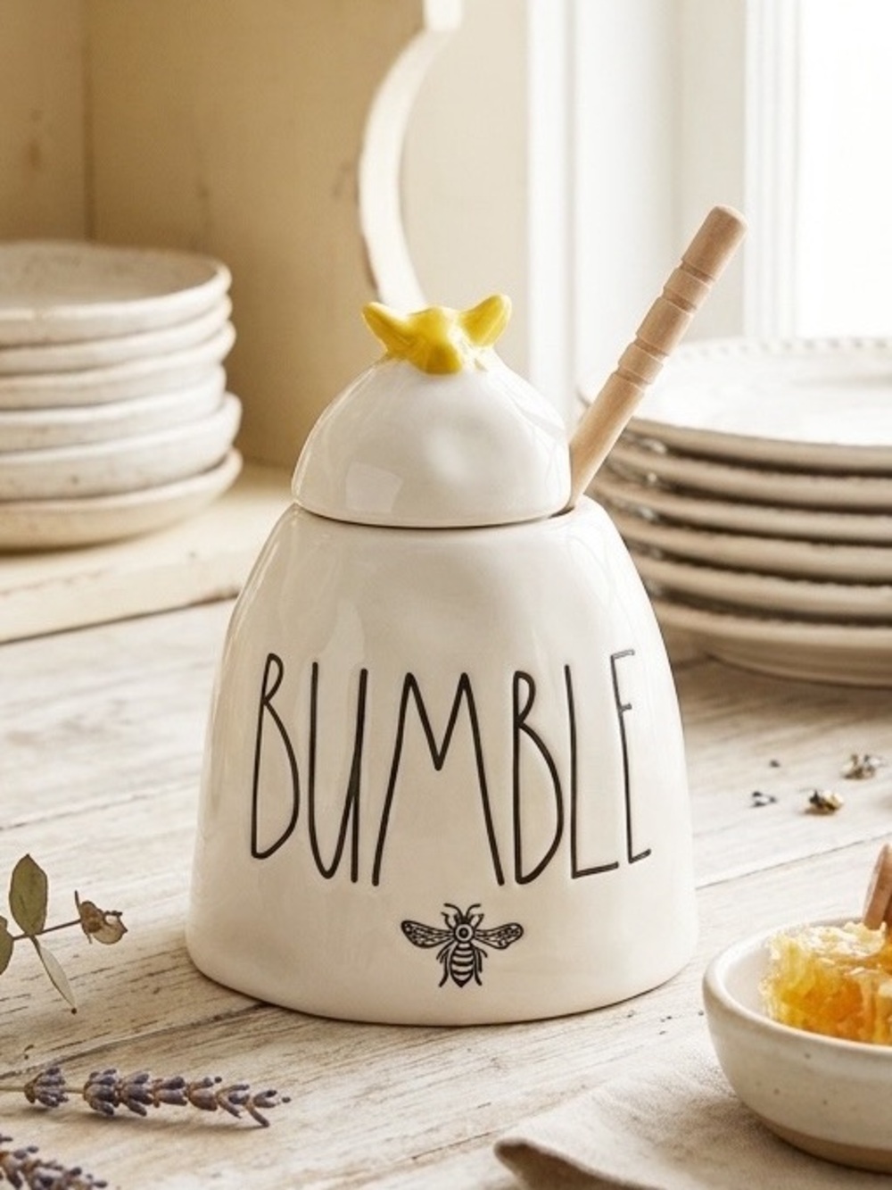 Rae Dunn BUMBLE Bee Ceramic Honey Pot with Wood Dipper